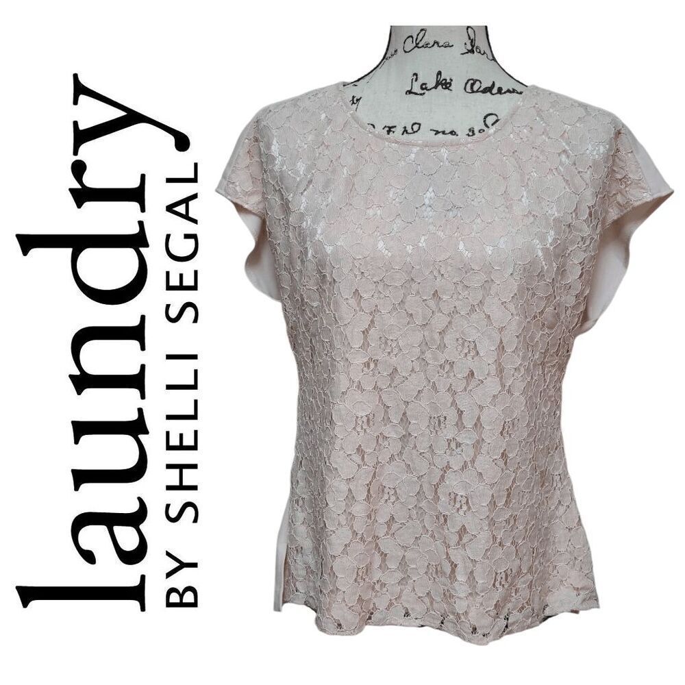 🌸 LAUNDRY BY SHELLI SEGAL Silver Peony Floral Lace Blouse Top SIZE 8 NWT $79